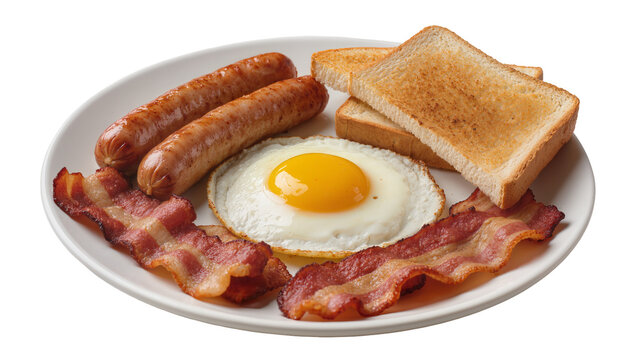 Isolated Delicious traditional breakfast with fried egg, bacon, sausages, and crispy toast