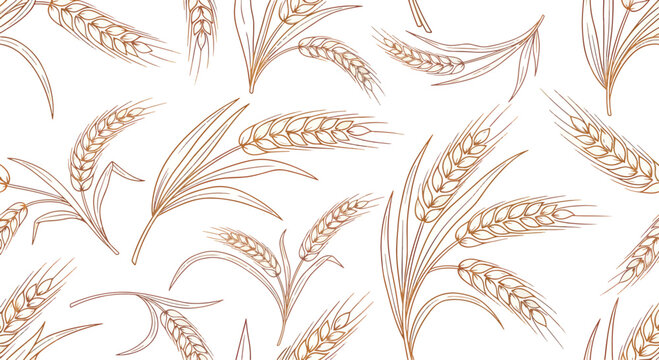Seamless vector pattern featuring stylized golden wheat stalks and minimalist leaves on a clean background, ideal for agricultural branding, textile design, and harvest themes.