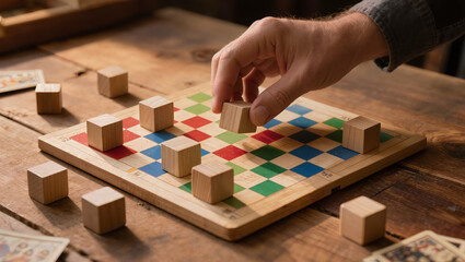 Fototapeta premium Man's Hand Playing Strategy Board Game with Wooden Blocks on Rustic Table
