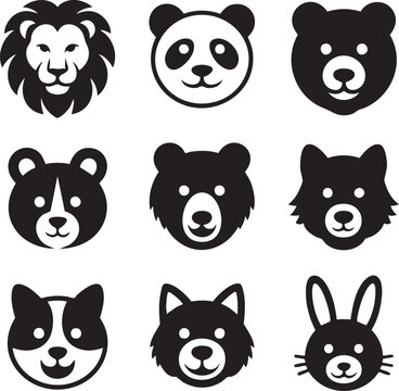 Collection of nine black and white animal face including panda lion bear dog and rabbit cute simple