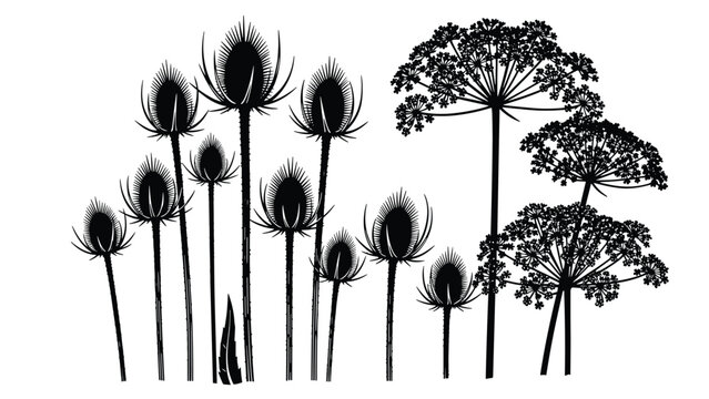 Black silhouette of wild teasel and hogweed flowers collection isolated on white background, botanical floral elements for nature and garden design
