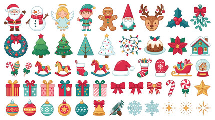 Set of Christmas hand drawn decorations.  Wreath, Holly, gifts, branches spruce, red berries, christmas stocking, cup cacao. Perfect for scrapbooking, greeting card, party invitation, stickers. © Kingko