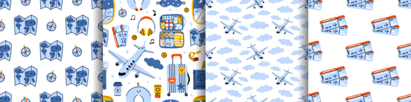 Vector set of travel seamless pattern with map, compass, neck pillow, airplane in cloud sky, boarding pass ticket. Tourism background design. Holiday wallpaper, wrapping paper, fabric, textile print.