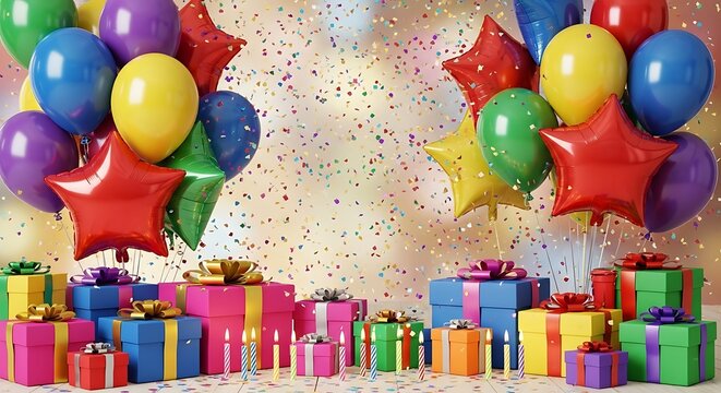 Festive celebration with balloons, wrapped presents, and confetti