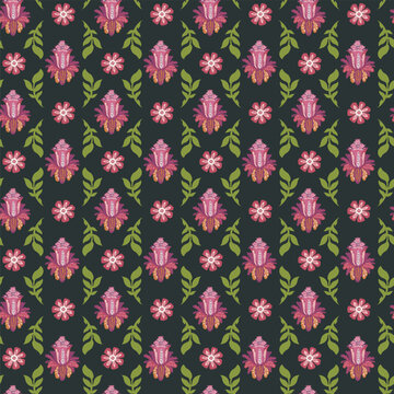 Dark Pink Vertical Folk Floral Stripe