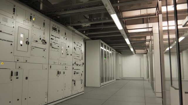 Data center room featuring robust electrical switchgear panels and rows of network servers, ensuring critical infrastructure for secure power distribution and digital operations
