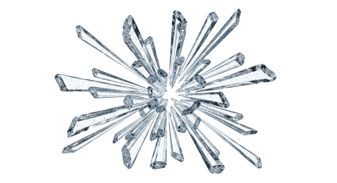 Abstract composition of sharp transparent ice crystals or glass shards exploding outwards isolated on transparent background
