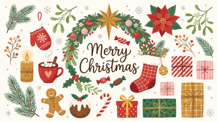 Set of Christmas hand drawn decorations.  Wreath, Holly, gifts, branches spruce, red berries, christmas stocking, cup cacao. Perfect for scrapbooking, greeting card, party invitation, stickers. © Kingko