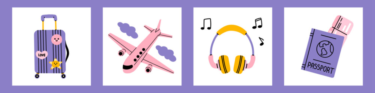 Vector journey set of cute travel illustration with suitcase, airplane, headphone and passport with ticket on purple background. Travel vacation blog, social media, sticker pack, trip planner design.