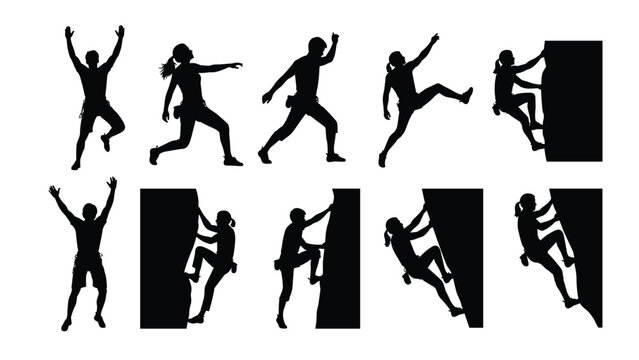 Black silhouettes of rock climbers in action poses, bouldering men and women group collection, extreme sport isolated on white background.