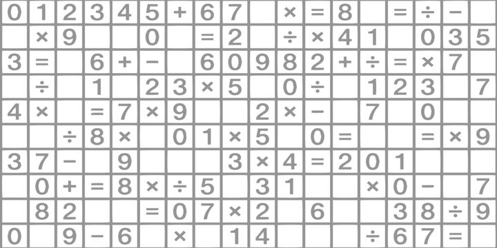 Mathematical Puzzle: An intricate grid of numbers, symbols, and equations. This visually complex arrangement invites observers to engage in logical thinking, problem-solving, and abstract reasoning.