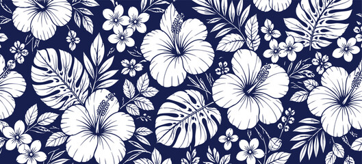 Seamless pattern with tropical hibiscus flowers and monstera leaves on a dark blue background, perfect for textiles, wallpaper, and summer designs. © injala