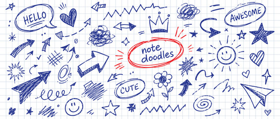 Collection of hand drawn doodles including arrows, speech bubbles, stars, hearts, and decorative elements on a grid background. © Zbrake Studio