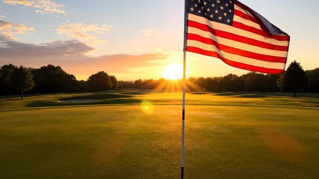 Golf course at sunrise with flag and ball on green, warm golden hour light casting long shadows across the fairway, peaceful morning atmosphere.