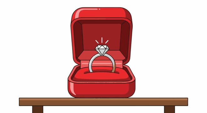 A sparkling diamond ring presented in an open red velvet box on a shelf