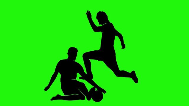 silhouette animation of football player tackling another football player isolated in green screen background
