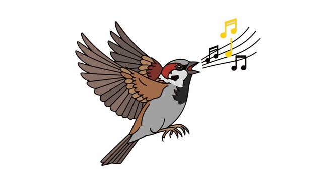 A sparrow with wings spread, chirping musical notes