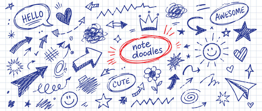 Collection of hand drawn doodles including arrows, speech bubbles, stars, hearts, and decorative elements on a grid background.