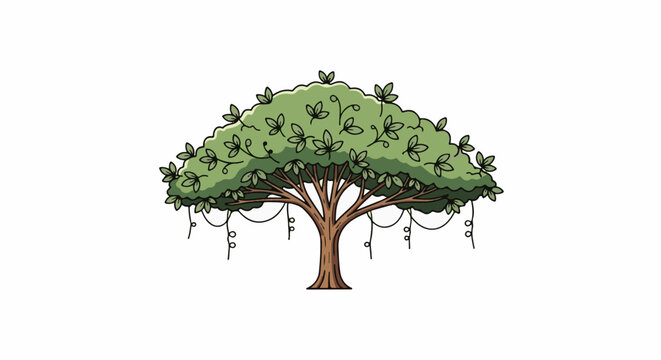 A stylized, cartoonish tree with green leaves and dangling vines