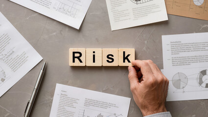 Obraz premium Mitigating Business Risk: Hand Arranging Wooden Tiles on Desk with Documents