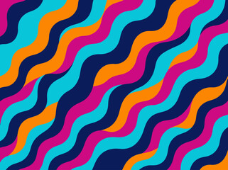 Obraz premium Vibrant Abstract Wavy Pattern with Colorful Diagonal Lines in Retro 70s Style, Featuring Magenta, Orange, Navy Blue, and Cyan for Modern Graphic Design Backgrounds and Creative Desktop Wallpapers.