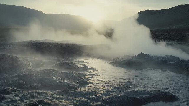 Geothermal pools with rising steam create an ethereal landscape at dawn, highlighting the natural power and beauty of the earth's heat in a rugged mountain environment