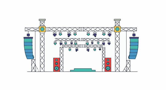 A stage setup with lighting trusses, speakers, and a platform