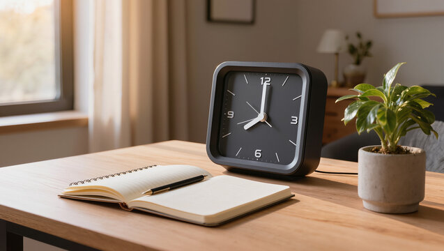 Modern Alarm Clock, Desk Planner, and Plant on Wooden Table by Window