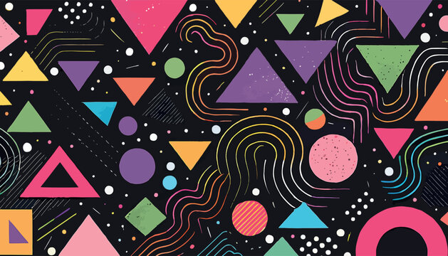 Abstract vector illustration featuring a vibrant explosion of colorful geometric shapes such as prisms, triangles and polygons bursting from the center on a clean white background