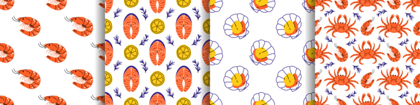Vector set of seamless seafood pattern with shrimp, salmon steak, lemon slice, scallop, crab with rosemary on white background. Cute marine print for kitchen textile, wrapping paper, packaging design.