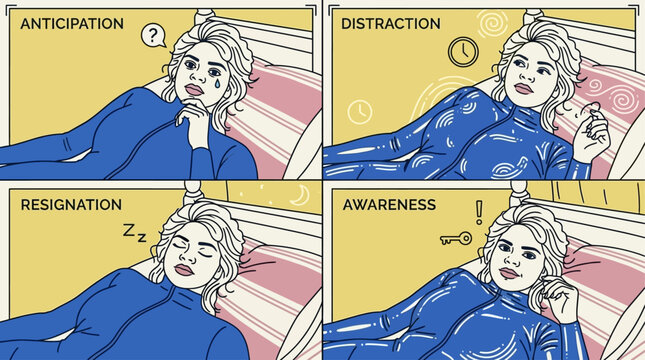 Woman in blue suit experiences emotional stages in bed: anticipation, distraction, resignation, awareness