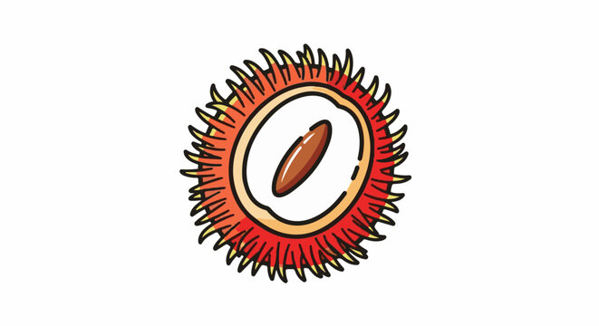 A stylized, colorful illustration of a halved rambutan fruit with a prominent seed