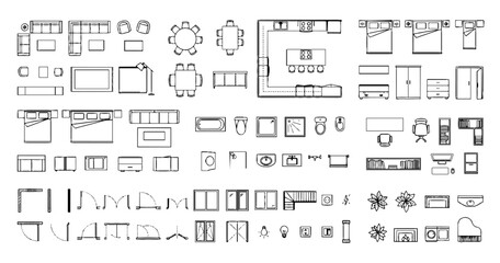 Naklejka premium Architectural Floor Plan Symbols Mega Set: Furniture, Bathroom, Kitchen, and Construction Icons for Interior Design Layouts (Top View Vector)