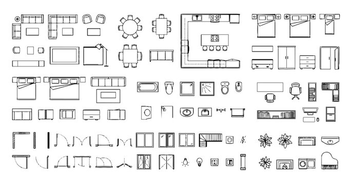 Architectural Floor Plan Symbols Mega Set: Furniture, Bathroom, Kitchen, and Construction Icons for Interior Design Layouts (Top View Vector)