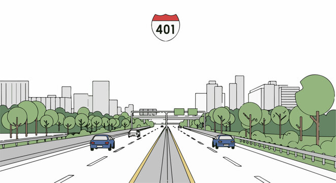 A simplified illustration of a multi-lane highway with cars, trees, and a city skyline