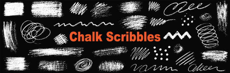 Collection of various hand-drawn chalk scribbles, rough brush strokes, textures, and doodle elements isolated on a black background for design. © Zbrake Studio