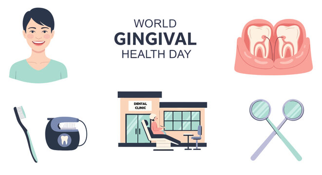A graphic for World Gingival Health Day featuring a person dental anatomy tools and a dental office