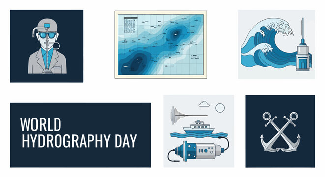 Collage of World Hydrography Day illustrations featuring maritime maps ship icons ocean waves and research tools