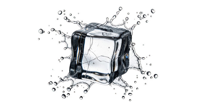 Ice cube with water splash isolated on transparent background
