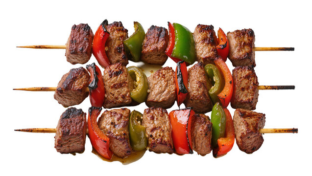 Isolated delicious and savory grilled beef skewers with vibrant red and green bell peppers