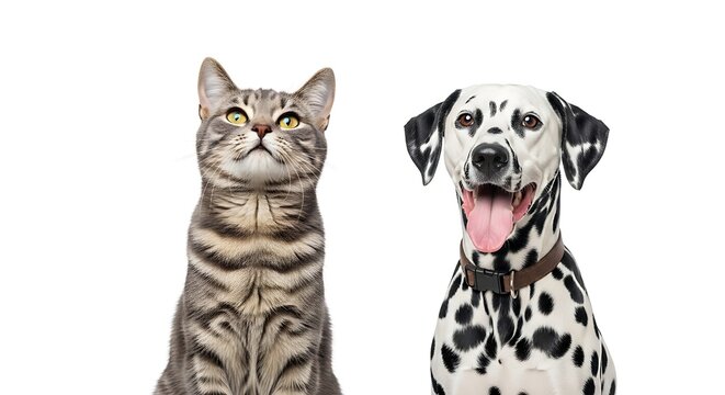 Grayscale portrait of a cat and dalmatian dog side by side