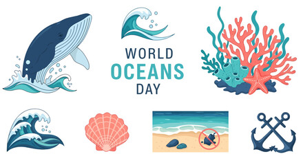 Marine illustrations including a whale coral reef waves and beach scene for World Oceans Day awareness © Agung