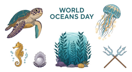 Marine life illustrations including a turtle jellyfish seahorse pearl seaweed and crossed tridents © Agung
