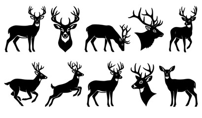 Fototapeta premium Minimal deer and elk full body silhouette vector icons for wildlife and forest themed designs