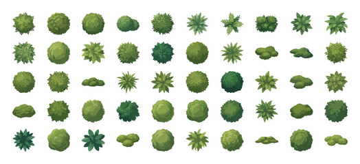 Fototapeta premium Top view landscape trees and bushes, 50 green garden plant icons for site plan, architectural vegetation symbols for masterplan design vector