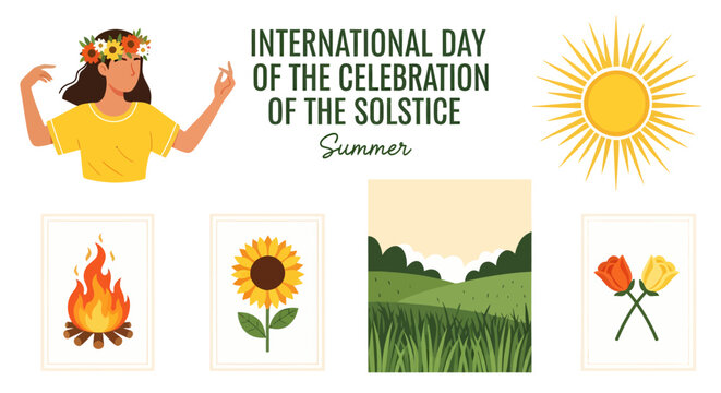 Summer solstice graphic with a woman sun bonfire sunflower landscape and flowers