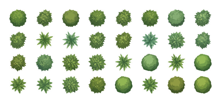 Isometric green trees top view set, 32 flat vector plant icons for landscape design, aerial garden bushes and forest foliage map elements
