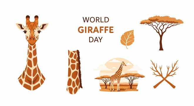 World Giraffe Day illustration with a giraffe head savanna landscape acacia tree and decorative safari elements