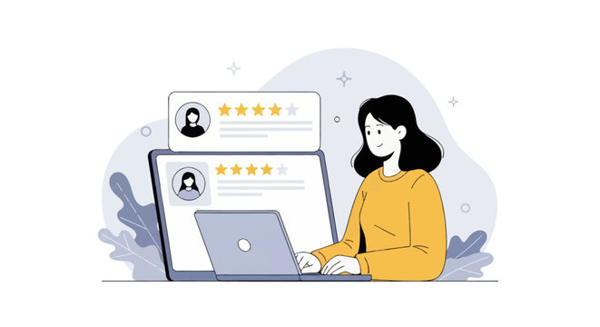 Vector illustration of a woman in a yellow sweater using a laptop to view customer feedback and four-star ratings shown in floating review bubbles on a clean background.