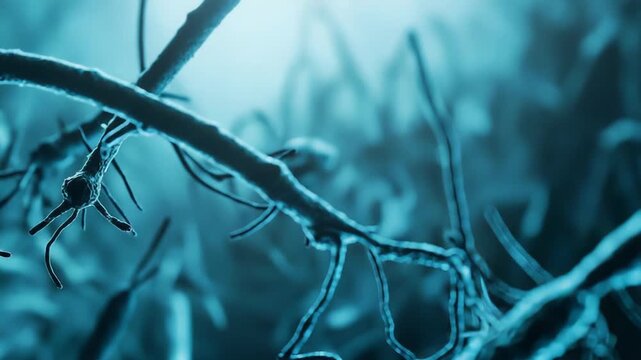 Bacteria or microorganisms with flagella moving and connecting, creating a complex biological network under a microscope in a blue and dark background